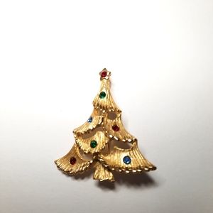 Christmas Tree gold toned pin with colored stones